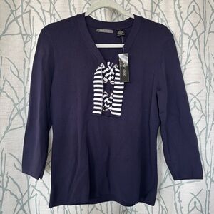 NEW Navy Lace-Up Stripe Tie V-Neck Top for Women